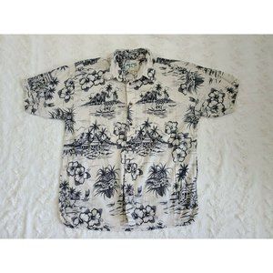 Men's Vintage BIG DOGS Cream Blue Tropical Flannel Button Shirt Hawaiian SMALL